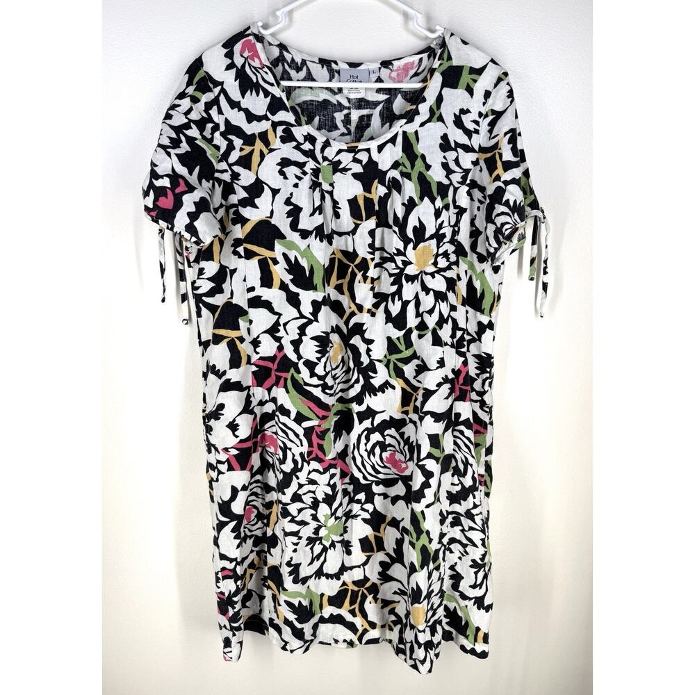 Hot Cotton Linen Dress Bold Floral Pockets Tie Short Sleeve Tunic Lightweight L
